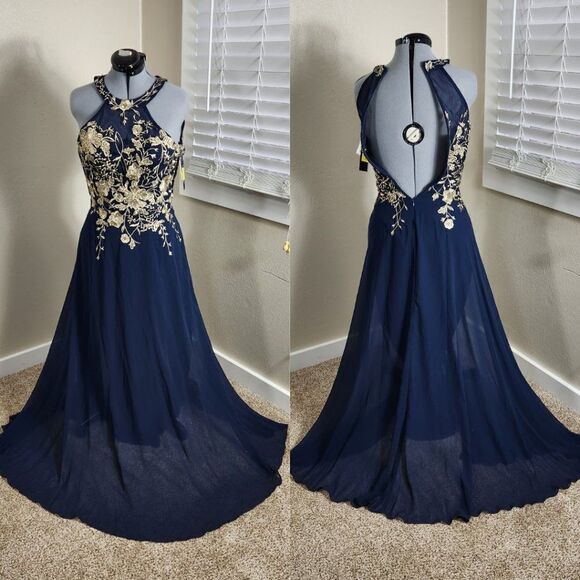 Betsy & Adam Embellished Chiffon Illusion Halter Gown Navy Gold Floral Size 8 - Picture 1 of 15
